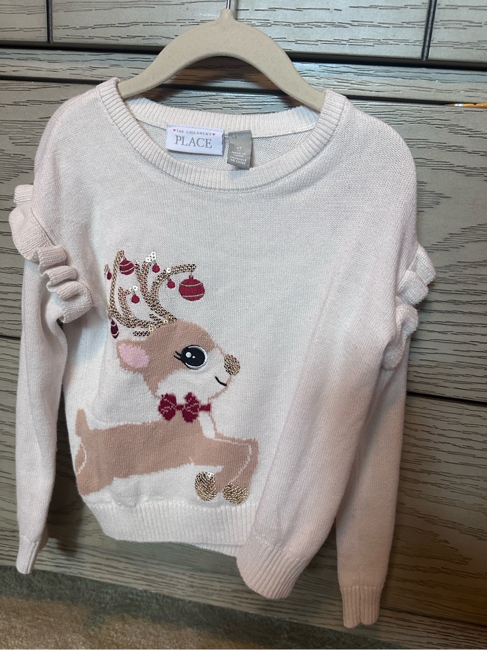 The Children's Place Cream Crewneck Sweater with Sequin Reindeer and Red Pant